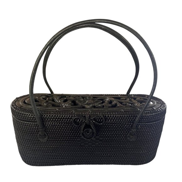 Ata Bag Bali Basket Handbag Leather Handles Wooden Carved Lid Floral Design Orga - Picture 2 of 6